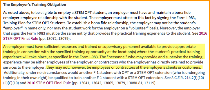 f1 stem opt working at contractors site training requirements
