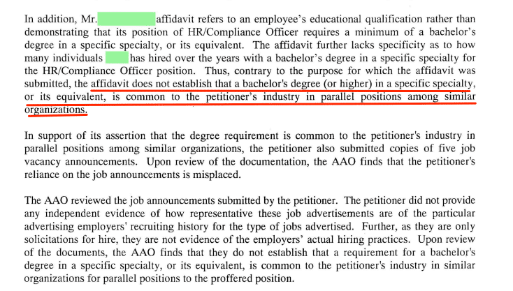 Beneficiary Qualifications h1b visa rfe denial notice