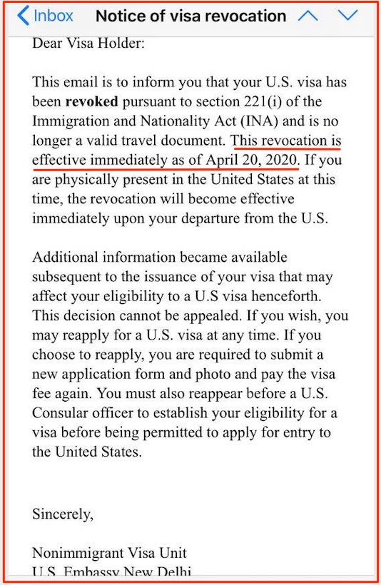 USA F1 Visa Revoked 221 USA Consulate New Delhi May 28 2020