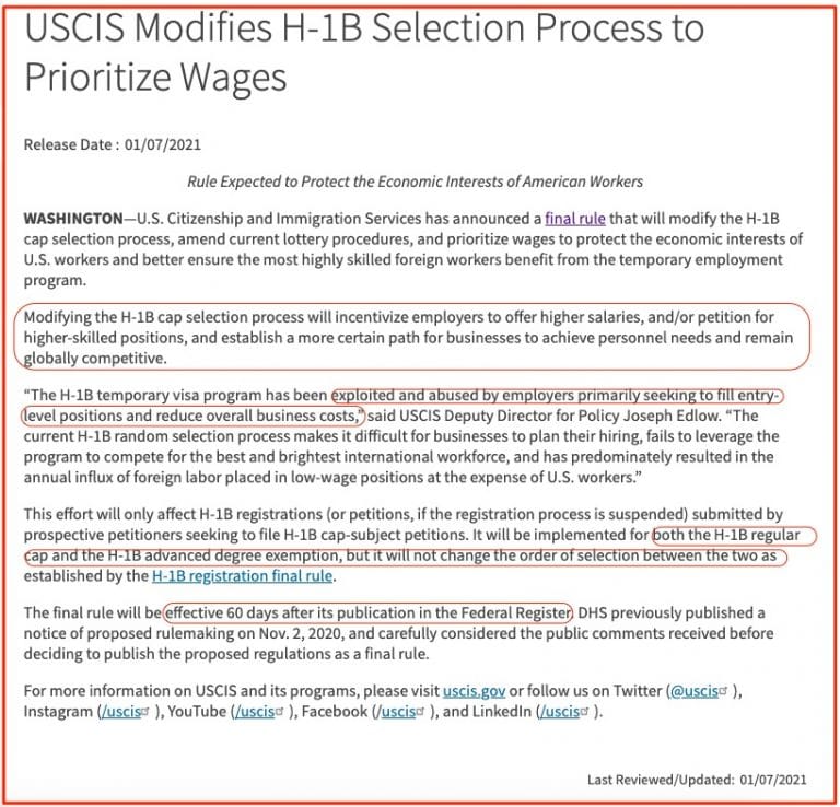 New H1b Selection Process Based On Salary Effective From March 2021 New H1b Selection Process Based On Salary Effective From March 2021